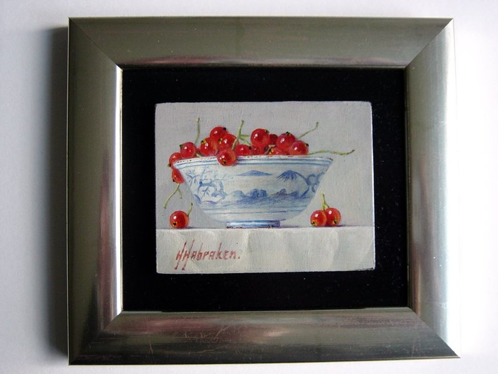 Hans Habraken - olieverf op paneel - stilleven Chinese kom met rode bessen verkocht voor € 195!