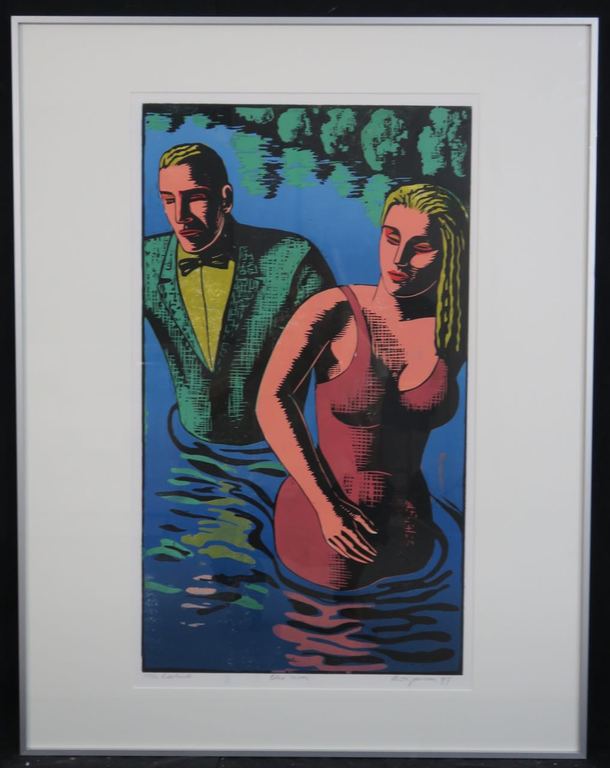 Leon Janssen: Houtsnede, Blue river - Ingelijst verkocht voor € 120!