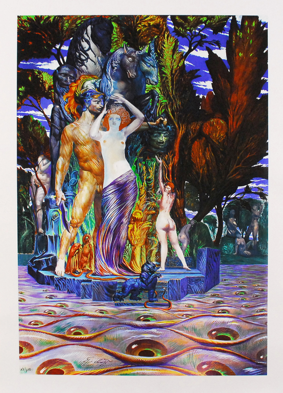 Ernst Fuchs -  Aphrodite und Perseus auf der Augeninsel verkocht voor € 35!