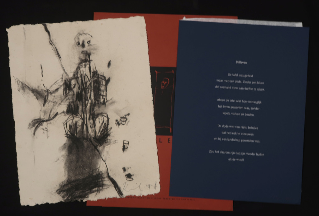 Rik van Iersel: Houtskooltekening, Stilleven + Gedicht Harry Mesterom verkocht voor € 60!