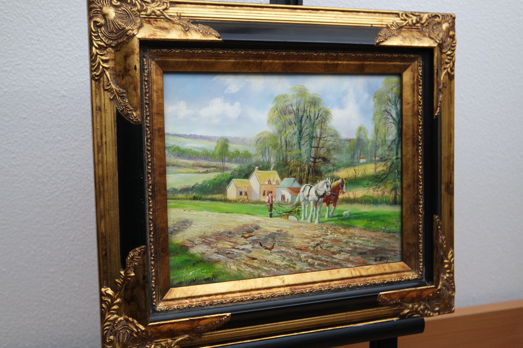 Landschap met ploegende boer - olieverf op paneel - gesigneerd r.o. kopen? Bied vanaf 39!