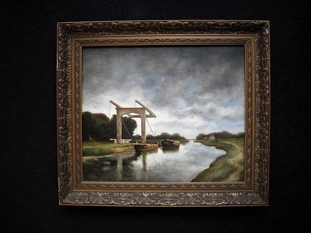 Groot oud olieverf "Ophaalbrug bij Nieuwkoop Zuid Holland" ongesigneerd verkocht voor € 71!