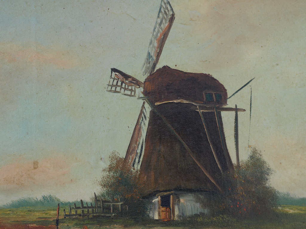 Gesigneerd ‘v. Oort’ (?) : Olieverf op doek – Landschap met molen – ingelijst  kopen? Bied vanaf 1!