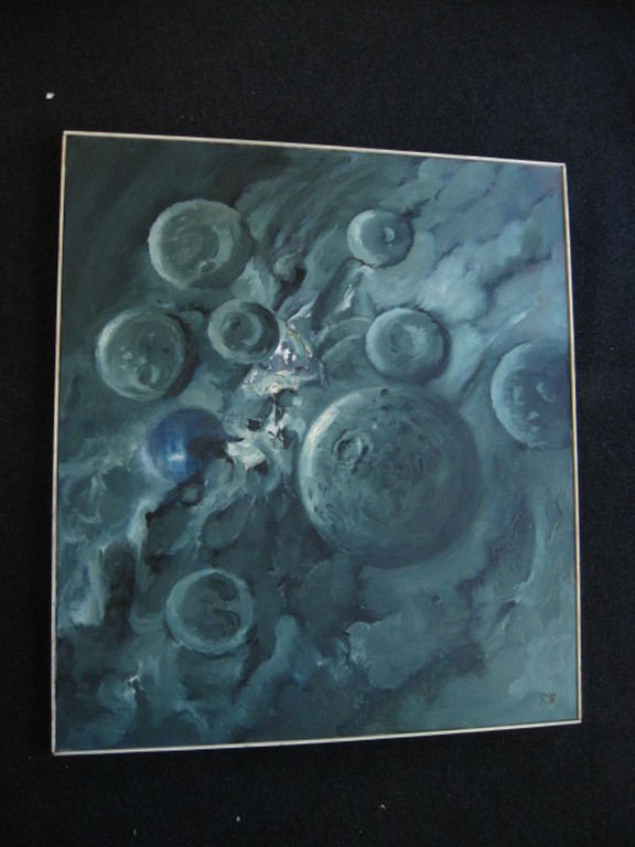 OUD surrealistisch olieverf "compositie in blauw" monogram RW (Roelf Westra ?) kopen? Bied vanaf 1!