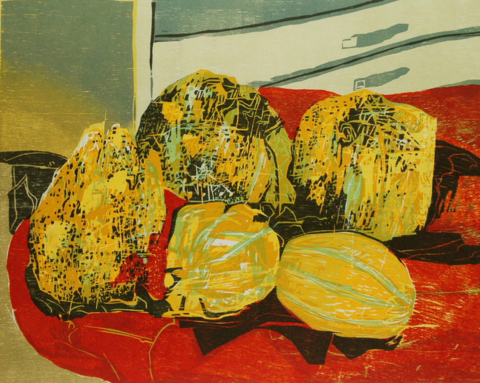 Vincent van Ojen: Stilleven met meloenen - houtsnede, 1990 verkocht voor € 126!