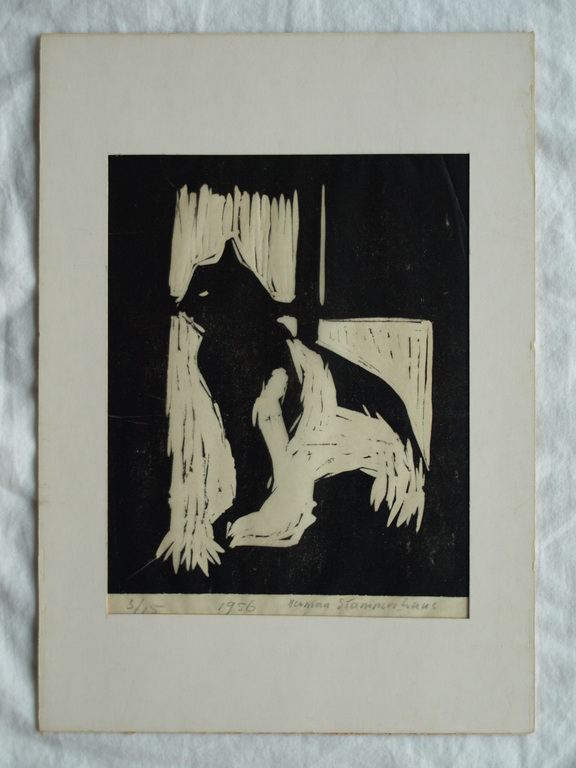 Herman Stammeshaus :  Houtsnede – Kat voor raam – gesigneerd - 1956 kopen? Bied vanaf 1!