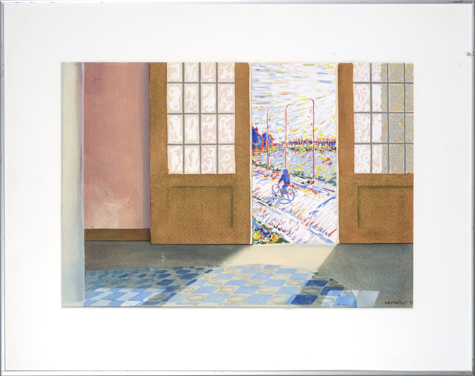 Roel Mostert: Aquarel en gouache, Wielrenner - Ingelijst verkocht voor € 35!