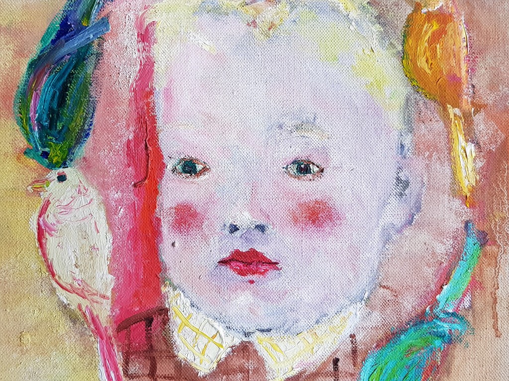 Pieter Kusters (1958) - Portret met vogels - Gesigneerd & gedateerd verkocht voor € 100!