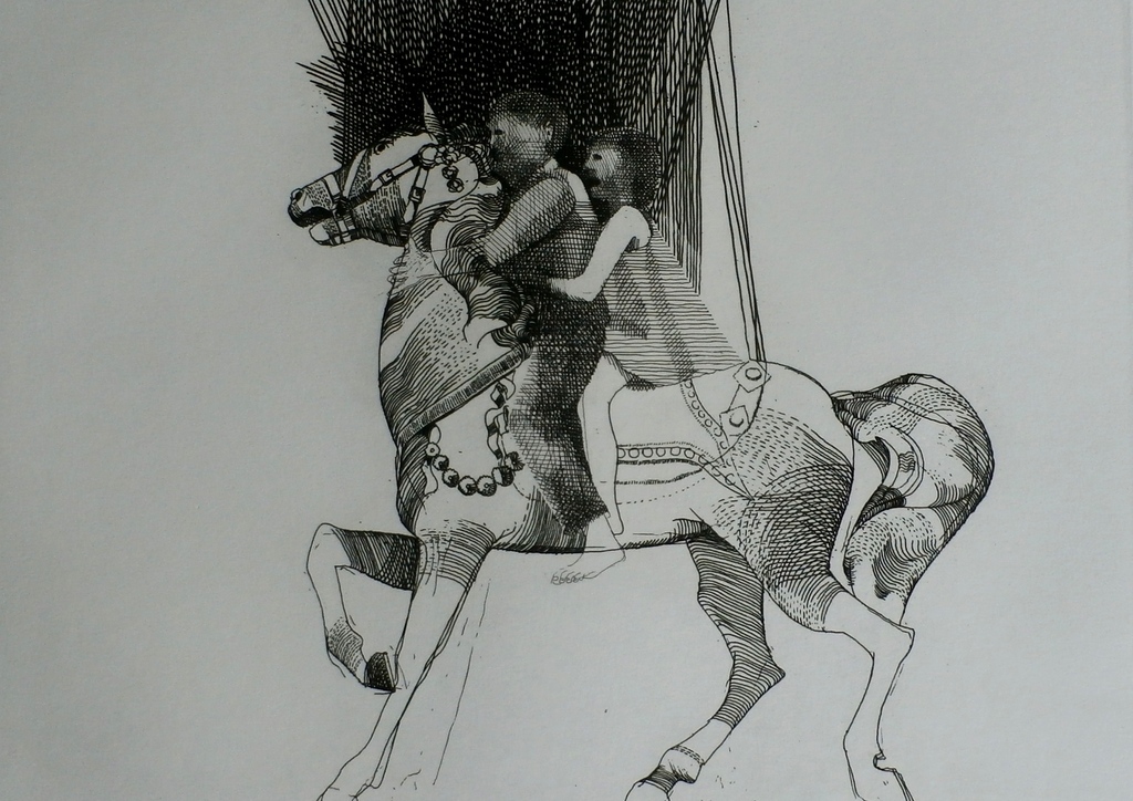 Aat verhoog - ets: jongen en meisje op paard - 1971 verkocht voor € 50!