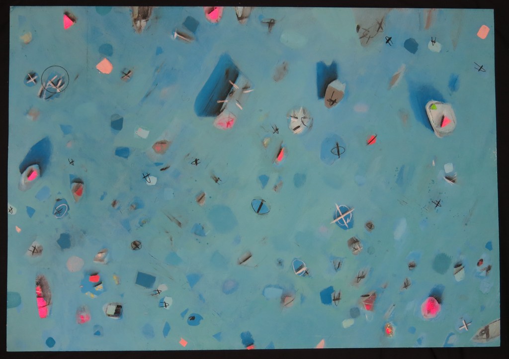 Mika Stelcz: Gemengde techniek op papier, Pieces on blue paper (Groot) verkocht voor € 55!