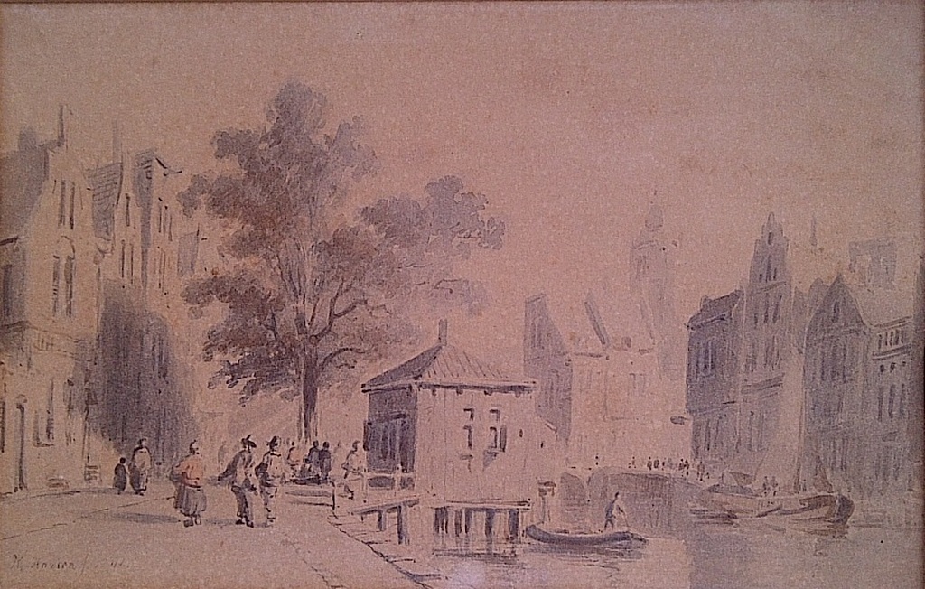 Kasparus Karsen (1810-1896) - Hollands stadsgezicht - gesigneerde aquarel - 1846 kopen? Bied vanaf 225!