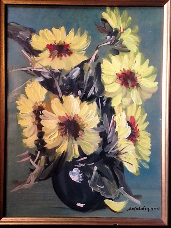 Jan Kelderman - Jan Kelderman (1914-1990), olieverf op doek, Zonnebloemen op een vaas kopen? Bied vanaf 50!