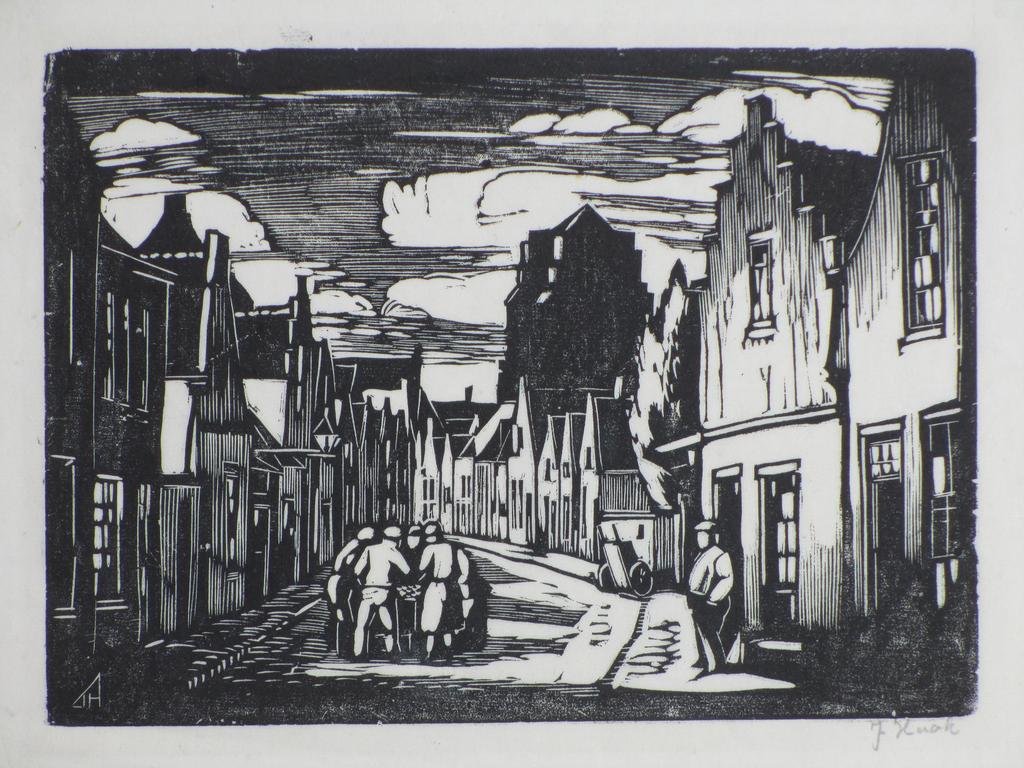 Johan Haak, Stadsgezicht met toren en figuren, Houtsnede verkocht voor € 35!