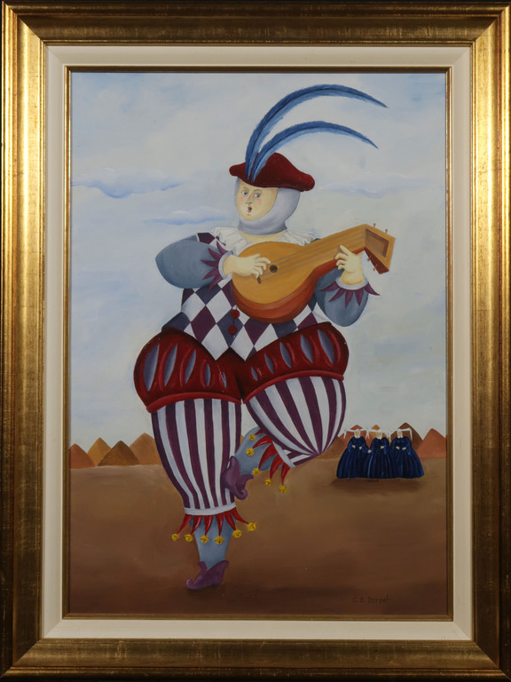 Carole Perret: Olieverf op board, Harlekijn met Luit - Ingelijst verkocht voor € 130!