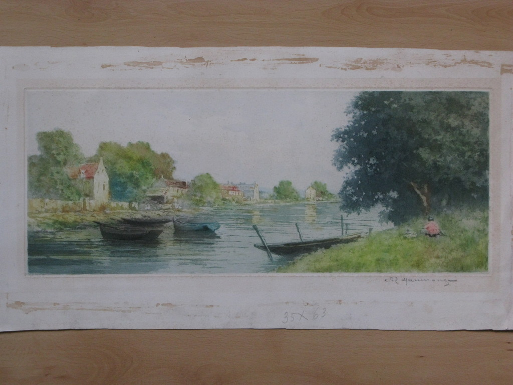 Émile Richard HAUMONT (XIX-XX), kleurenets, Ergens romantisch aan de Seine kopen? Bied vanaf 1!