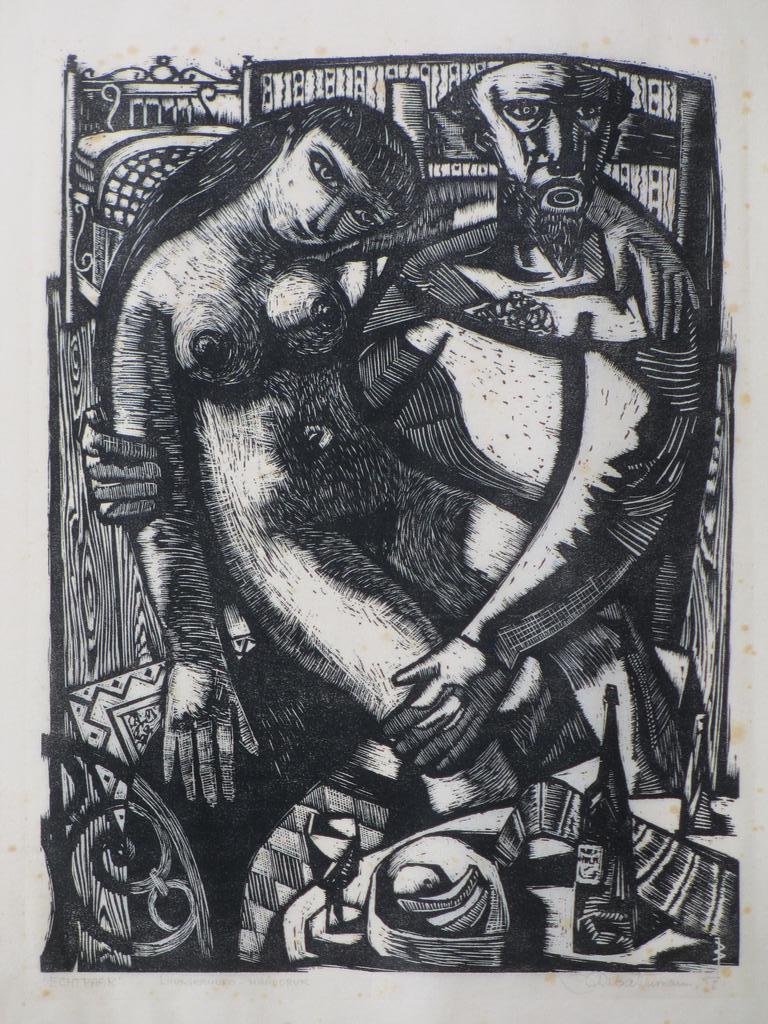Jan Battermann, Echtpaar, Linogravure-handdruk kopen? Bied vanaf 35!