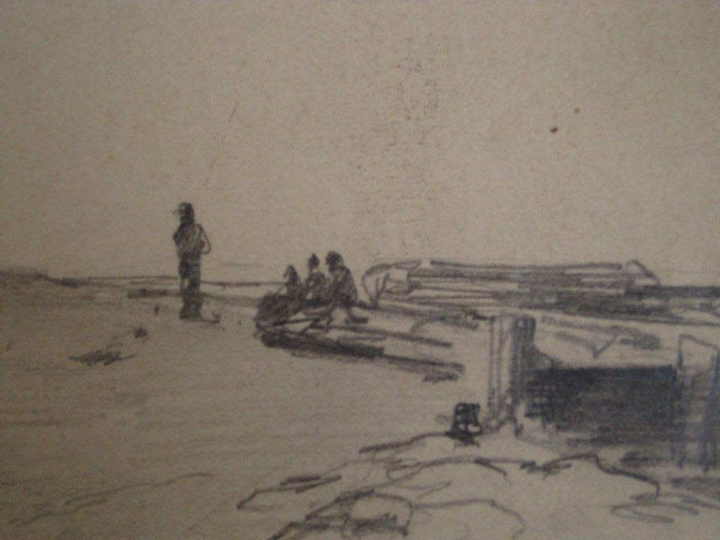 Fraaie potloodtekening G.L.Kiers (1838-1916)"vissersboten in haven Huizen 1883"  kopen? Bied vanaf 1!
