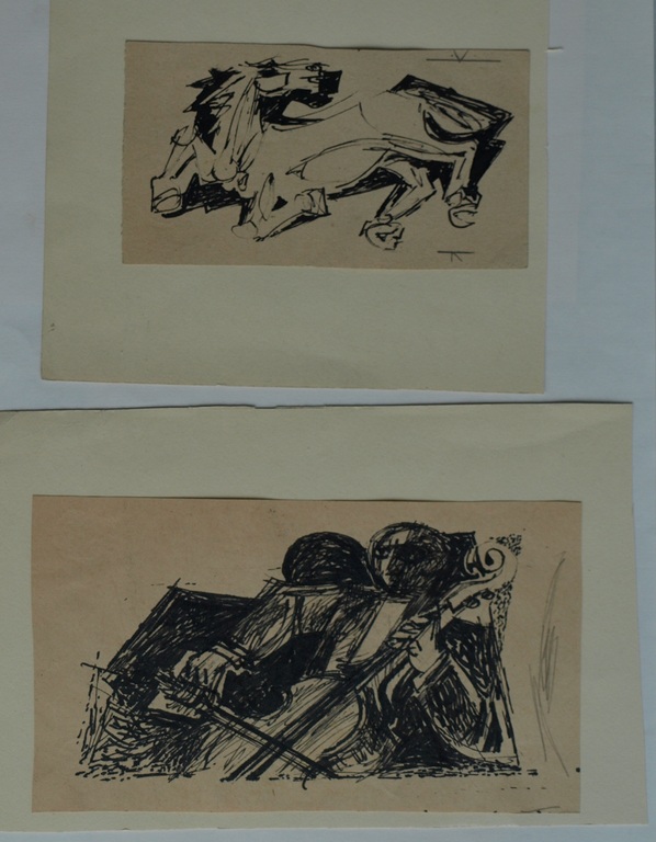 Onbekend : 2 Tekeningen , Paard + Cellist – ca 1950 kopen? Bied vanaf 1!