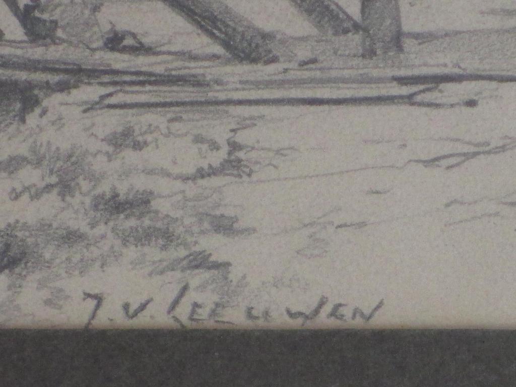 J.van Leeuwen, Afgemeerd schip aan de Nederrijn, Tekening kopen? Bied vanaf 1!