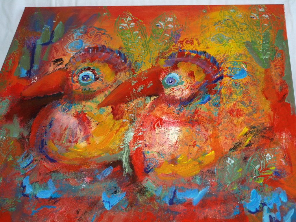Jasper Banen (1962) – Acryl op doek – 2 Vogels - Gesigneerd – 1998  vendu pour 200€ !