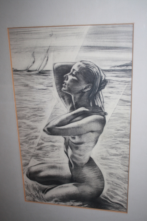 VROUWELIJK NAAKT BADEND -  tekening kopen? Bied vanaf 55!