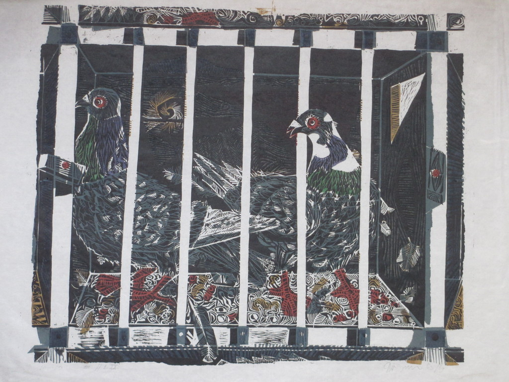 Toon Wegner, Duiven in het hok, Kleurhoutsnede kopen? Bied vanaf 35!