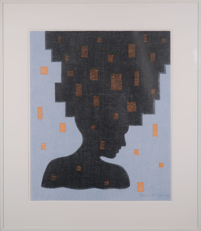 Jacomijn den Engelsen: Houtsnede, Afro (blauw) - Ingelijst verkocht voor € 35!