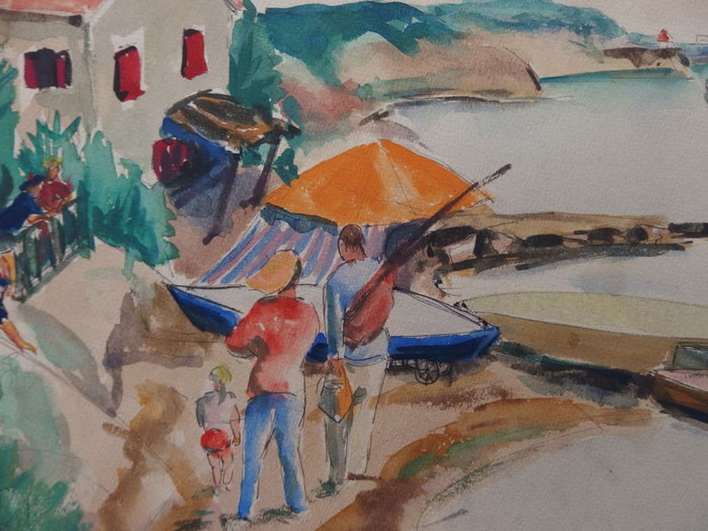 FRANCOIS DESNOYER  AQUAREL ,,RETOUR DE PECHE,,  Handgesigneerd ca 1960 kopen? Bied vanaf 35!