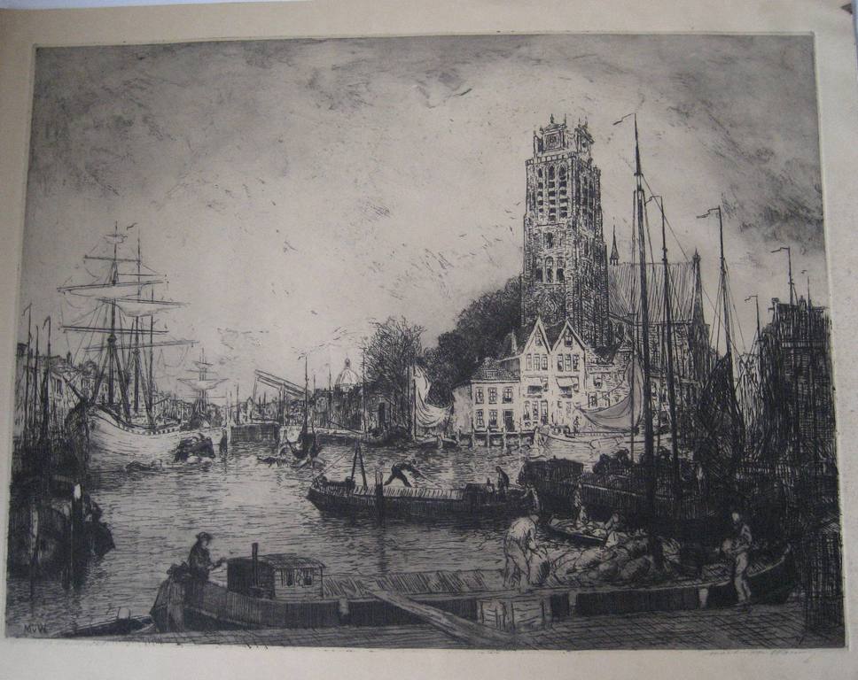 Ets Martin van Waning -Gezicht op Dordrecht verkocht voor € 55!
