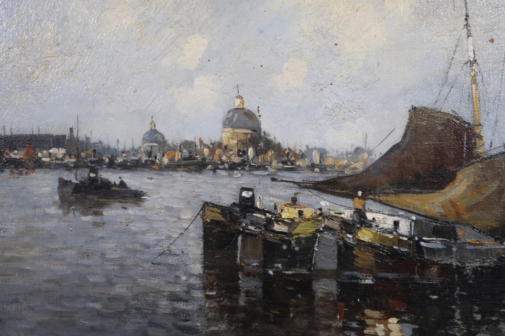 Charles Petit: Olieverf op doek, Afgemeerde platbodems - Ingelijst kopen? Bied vanaf 350!