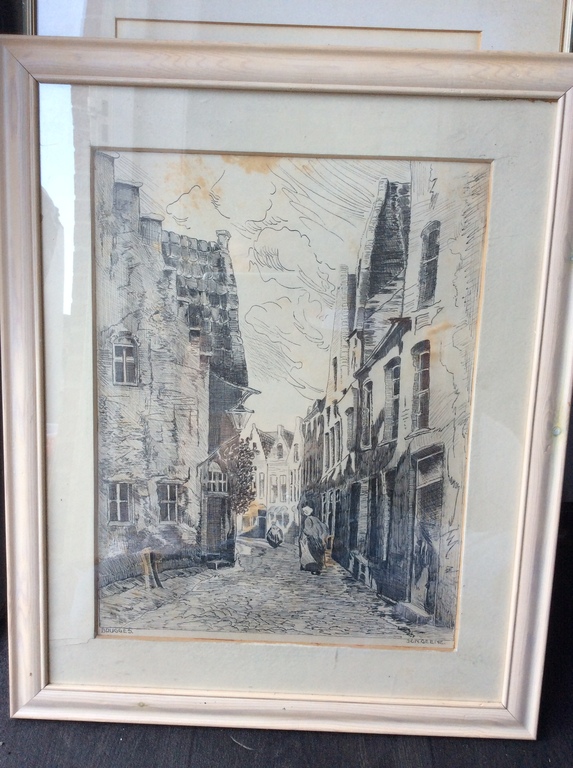 Pen getekende Litho tekening genaamd Brugges gesigneerd recht onder  kopen? Bied vanaf 1!