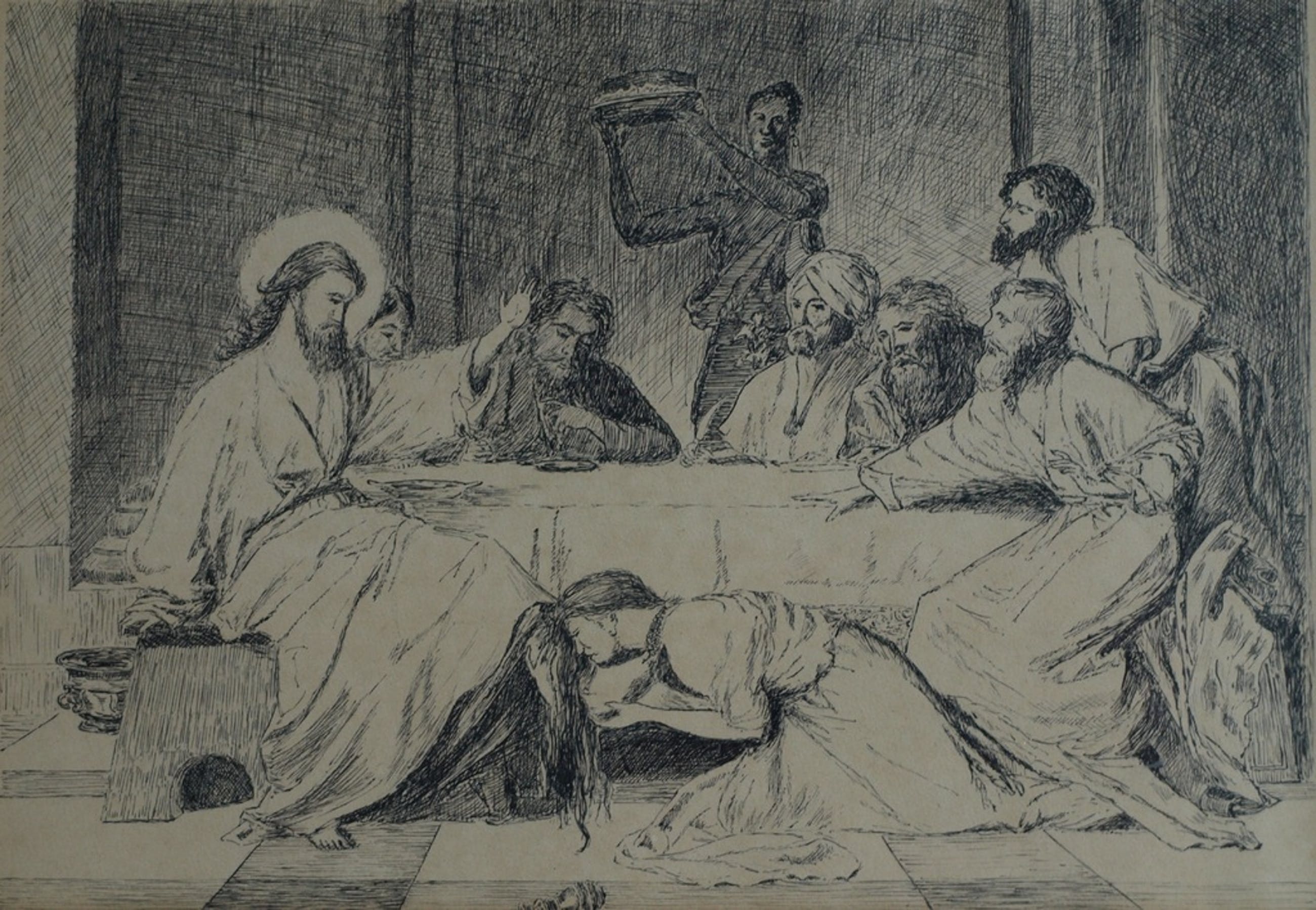 Onbekend - Onbekend : Ets , Ontmoeting van Jezus met Martha en Maria ...