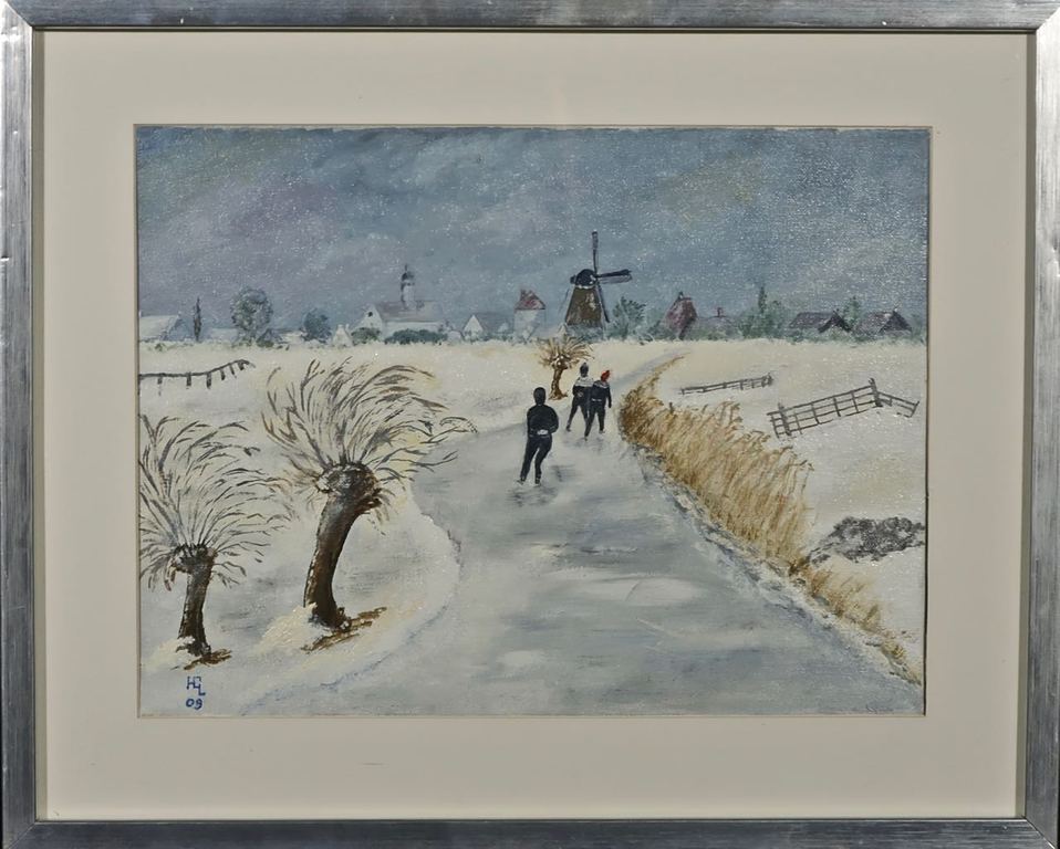 Herman Lievers: Olieverf, Schaatsers in de polder - Ingelijst kopen? Bied vanaf 1!