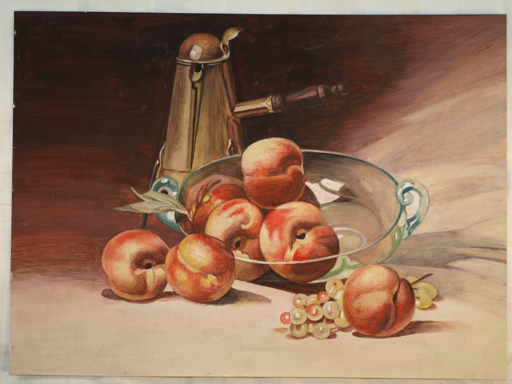 Onbekende kunstenaar – Gouache - Stilleven –Fruitschaal met perziken + koffiepot kopen? Bied vanaf 1!