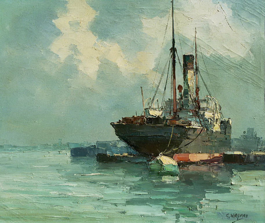 Gerard Wiegman - Boot in haven, olieverf op doek (ingelijst) verkocht voor € 250!