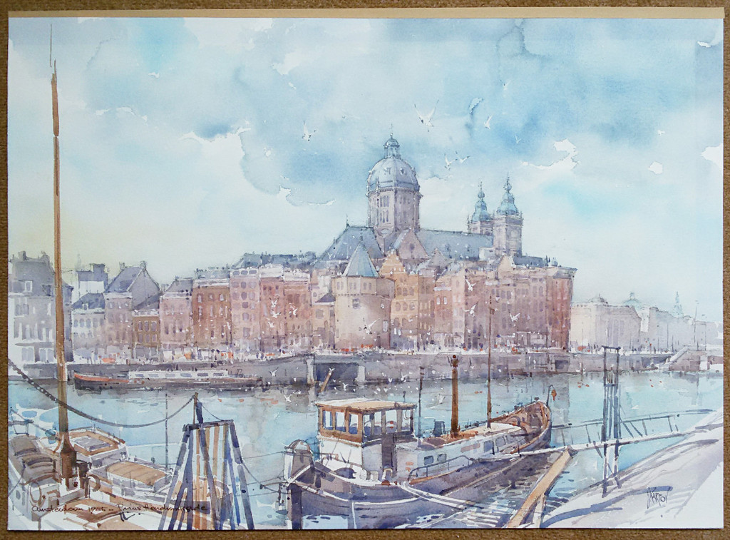 Nenad V. Karpov - Nenad Karpov - Prins Hendrikkade Amsterdam, aquarel kopen? Bied vanaf 1!