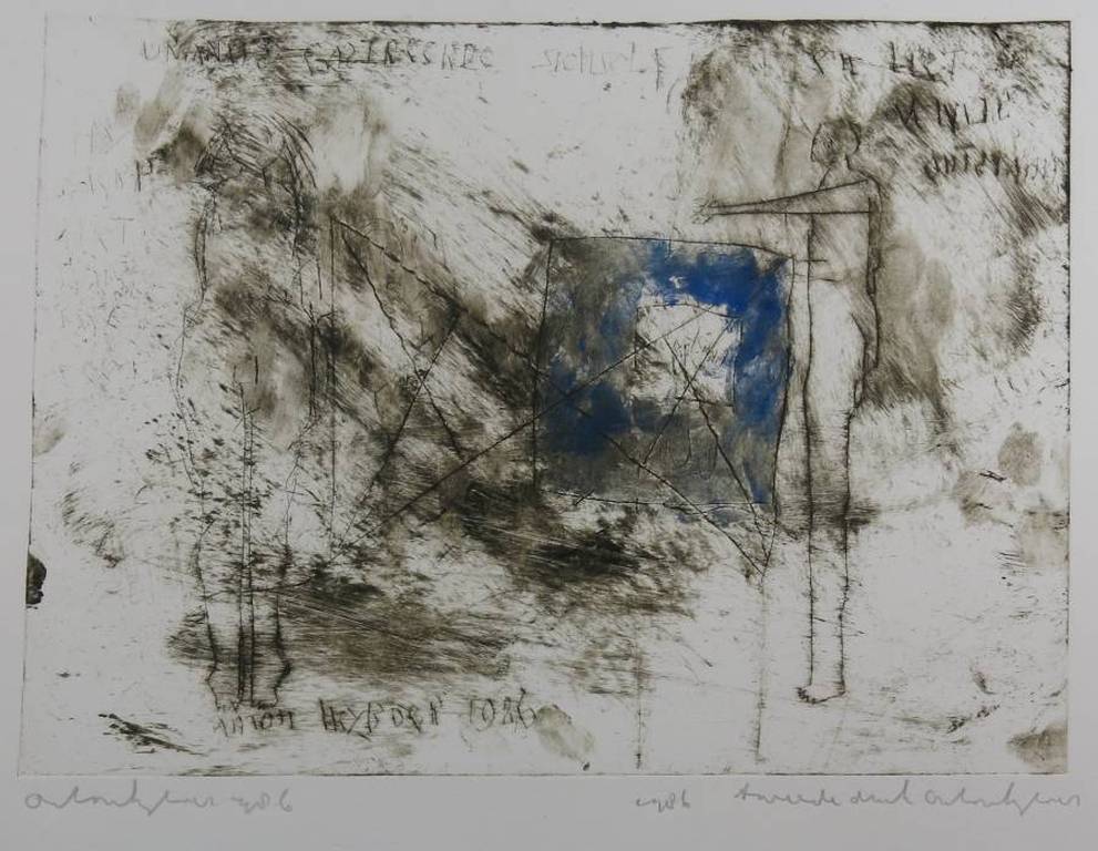 Anton Heyboer: Handbewerkte Ets, Figuren en blauw vlak verkocht voor € 225!