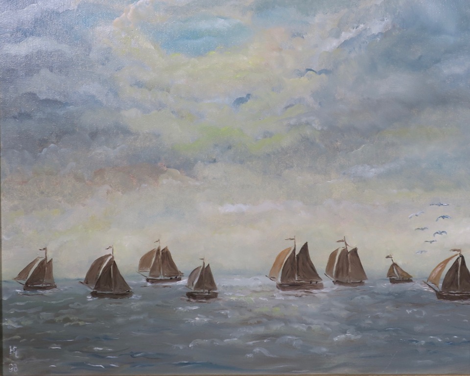 Herman Lievers: Olieverf op doek, Botters op de Gouwzee - Ingelijst kopen? Bied vanaf 1!