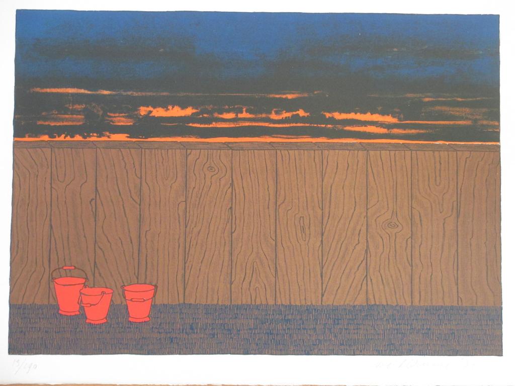 Mark Brusse, Drie emmers voor een schutting, Kleurenlitho verkocht voor € 45!