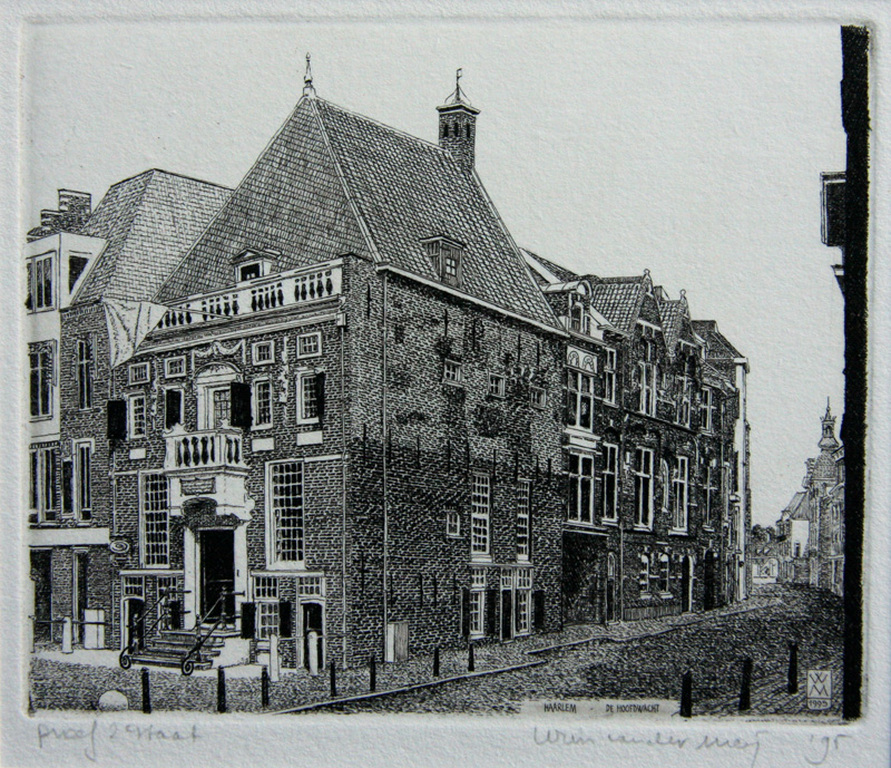 Wim van der Meij, gesigneerde ets, Haarlem De Hoofdwacht verkocht voor € 50!