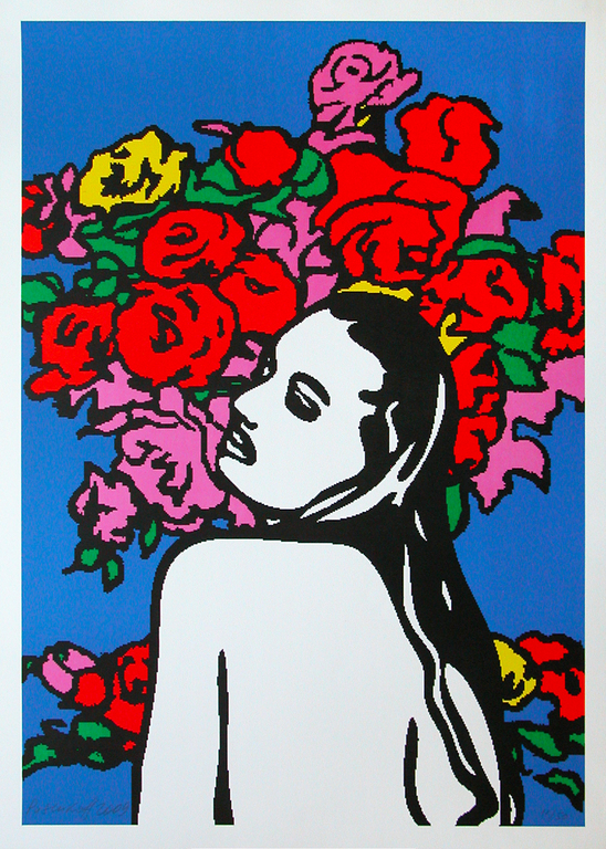 GEORGE PUSENKOFF, lithografie, ‘Love and Flowers’, handgesig verkocht voor € 220!