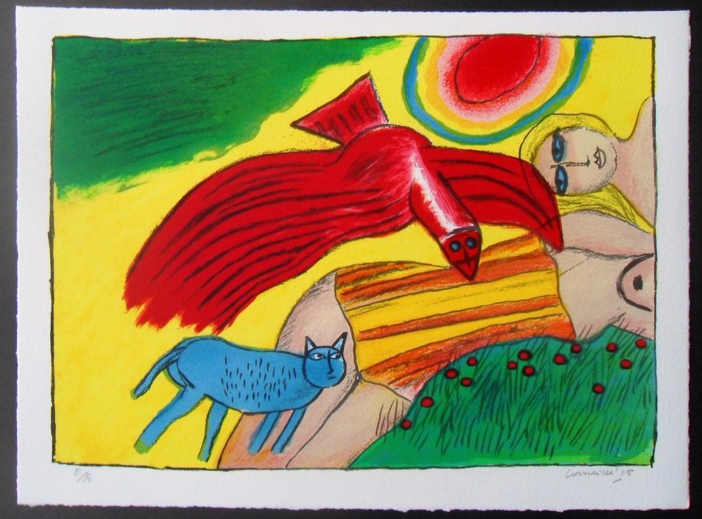 Corneille: zonnebaadster,vogel en kat verkocht voor € 85!