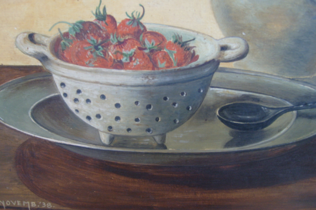 G.J. Assenbergh, stilleven met aardbeien in vergiet, stenen kruik, en bord kopen? Bied vanaf 75!