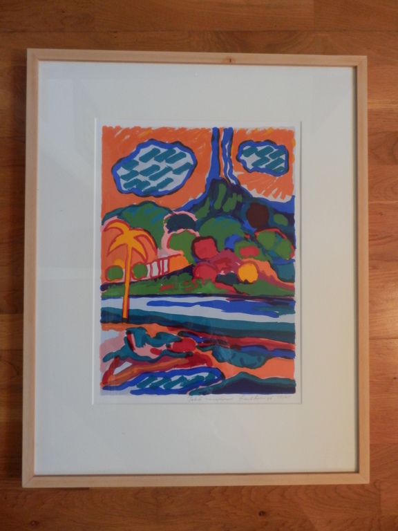 FRANK ROSEN GR.Zeefdruk ,,TAHITI ZONSOPKOMST uit 1996 INGELIJST!! verkocht voor € 55!