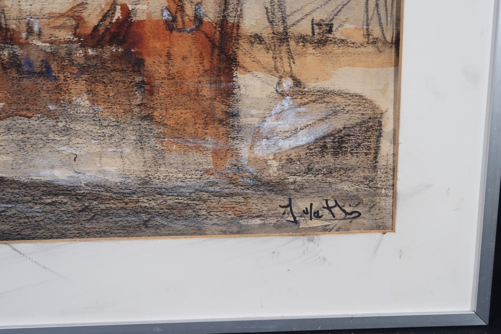 Onbekend gesigneerd: Pasteltekening, Boten in de haven - Ingelijst kopen? Bied vanaf 1!