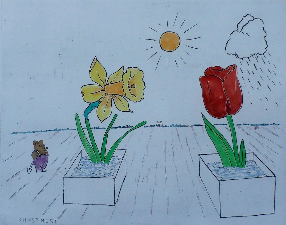 Pieter Holstein -  kleurenets: Kunstmest - gesigneerd -1980 verkocht voor € 75!