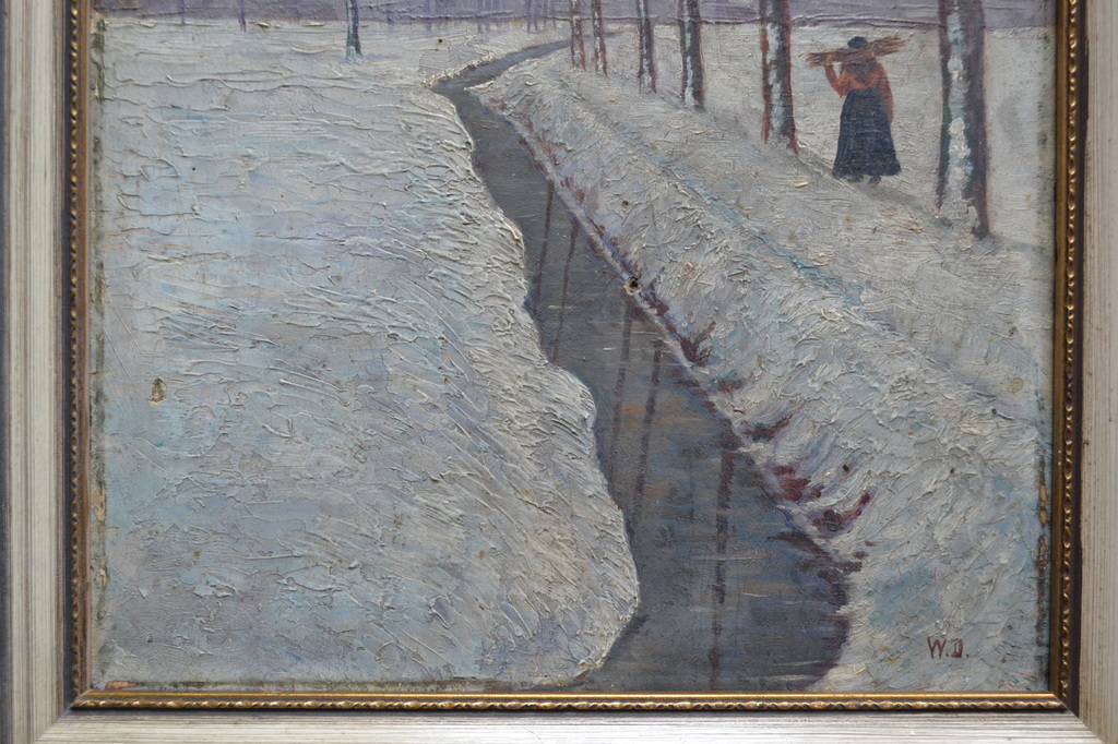 Onbekend (monogram W.D.): olieverf op paneel, winters landschap kopen? Bied vanaf 20!