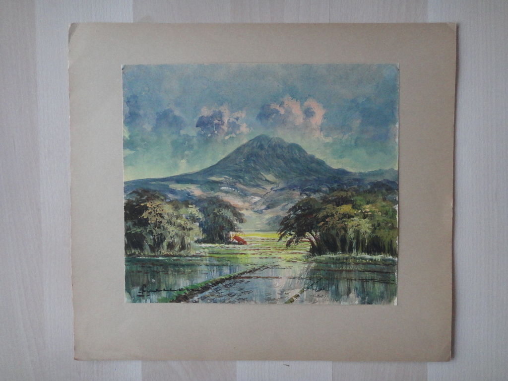 Indonesische school: aquarel, landschap met rijstvelden en zicht op berg kopen? Bied vanaf 25!