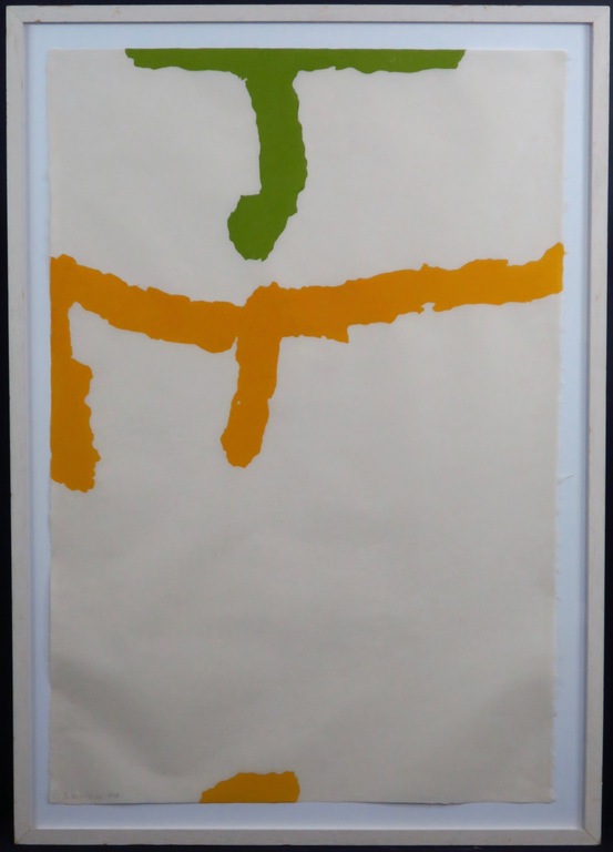 Cees Andriessen: Houtsnede, Zonder titel (geel/groen) -Ingelijst verkocht voor € 80!