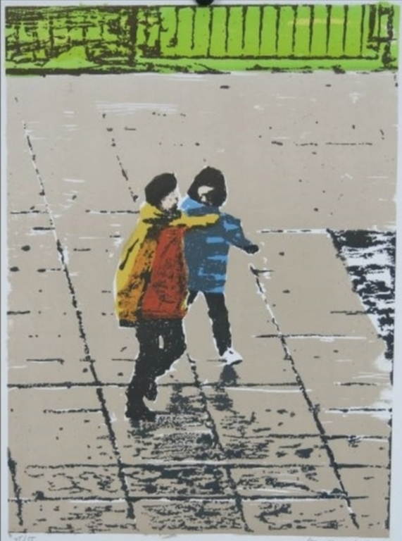 Koen Vermeule: Zeefdruk, Twee figuren (geel/blauw) verkocht voor € 60!